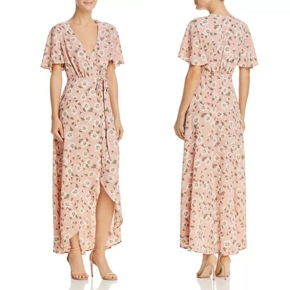 Show Me Your Mumu Sophia Flutter Sleeve V-Neck Pink Floral Wrap Midi Dress M - Picture 1 of 11